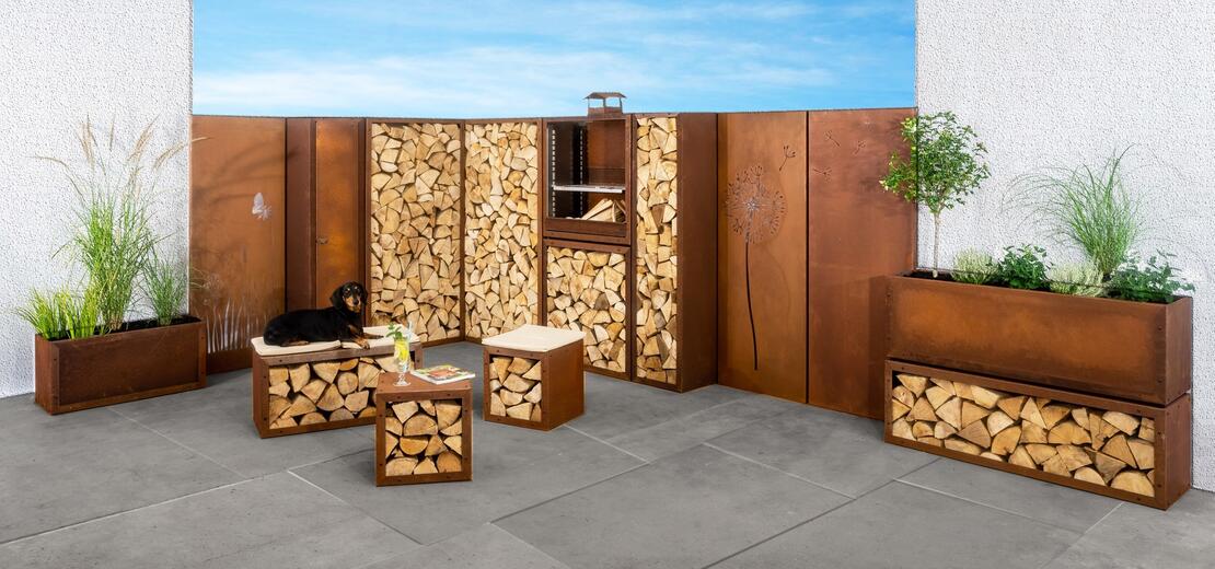 System Infinita] - <p><strong></strong>System Infinita - Funktionales Kaminholzregal in Edelrost.</p>]
